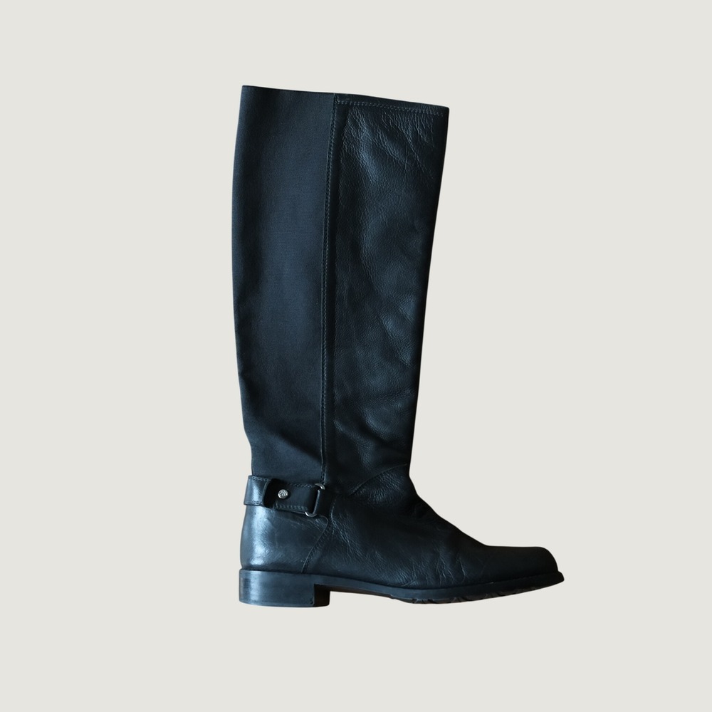 Stuart Weitzman Knee-High Riding Boot Black Leather Stretch Panel 9 M Spain